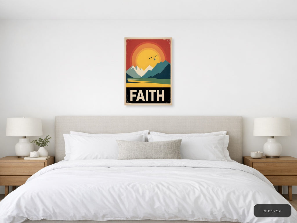 Vintage Faith Mountain Sunset Wall Art Print — A2 / Bedroom