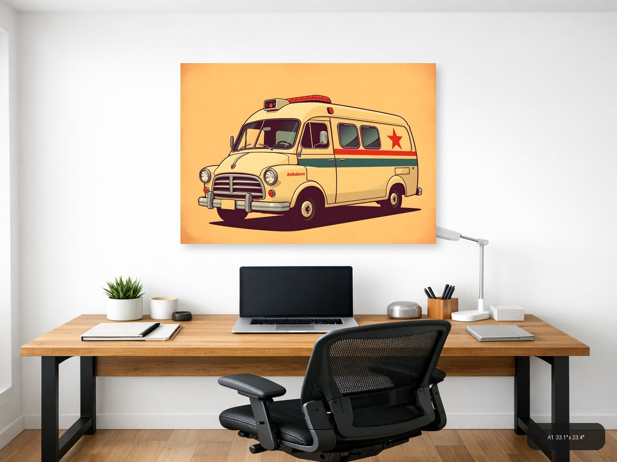 Vintage Cream Ambulance Illustration - Retro Wall Art — A1 / Office
