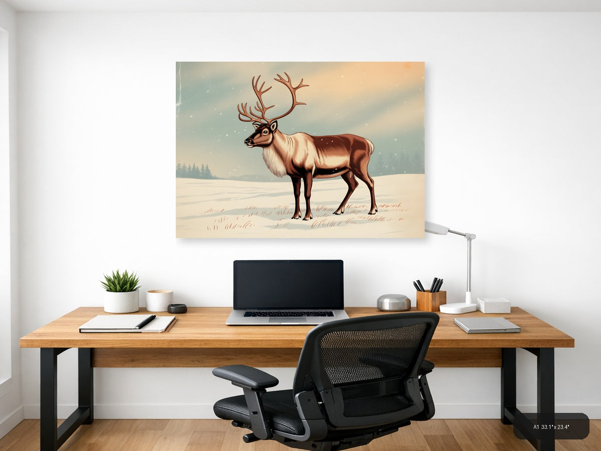 Vintage Reindeer in Snow Landscape Wall Art — A1 / Office