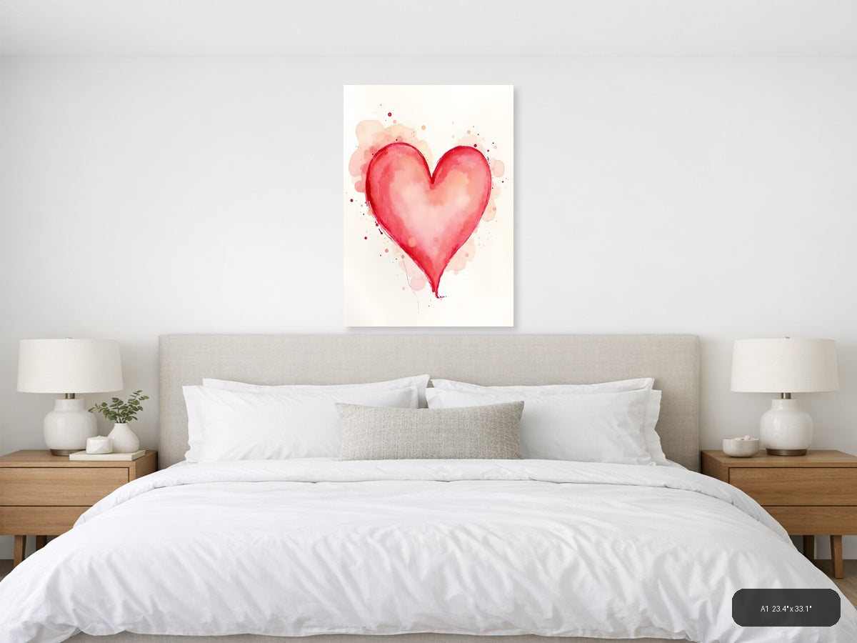 Red Watercolor Heart with Pink Splashes Wall Art — A1 / Bedroom