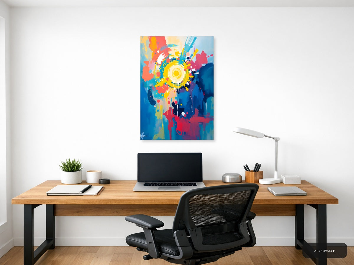 Vibrant Abstract Gear Head Burst Yellow Wall Art — A1 / Office