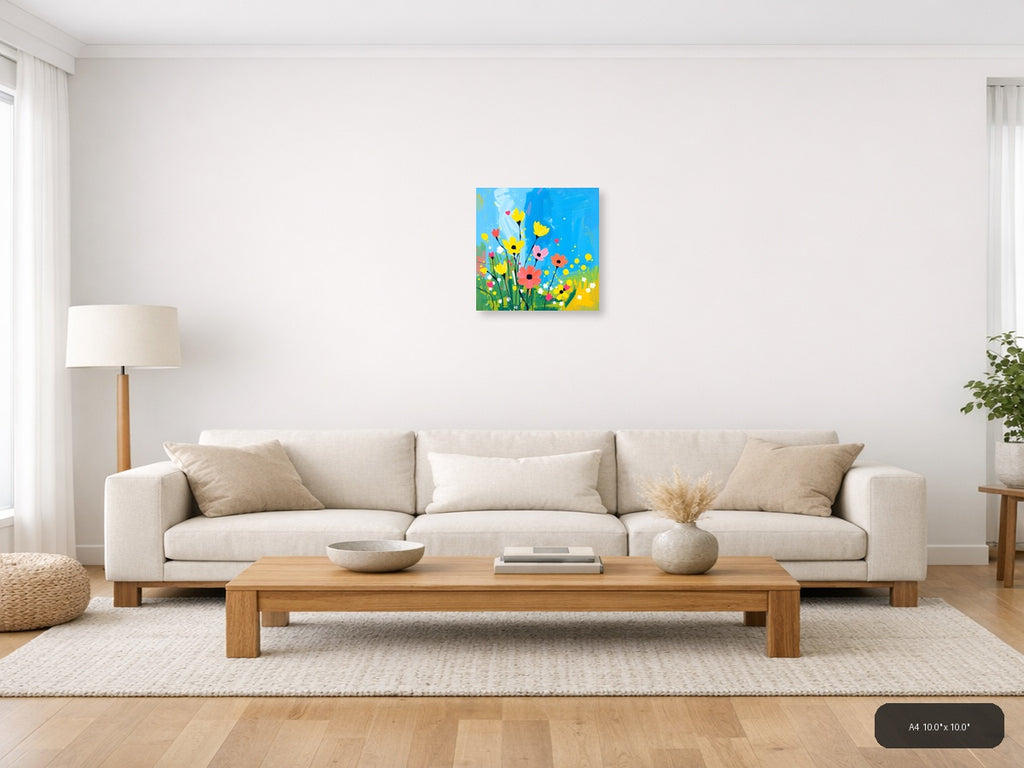 Colorful Abstract Wildflower Garden Blue Sky Wall Art — A4 / Living Room