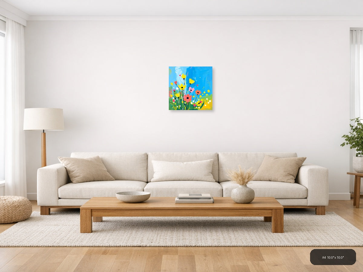 Colorful Abstract Wildflower Garden Blue Sky Wall Art — A4 / Living Room