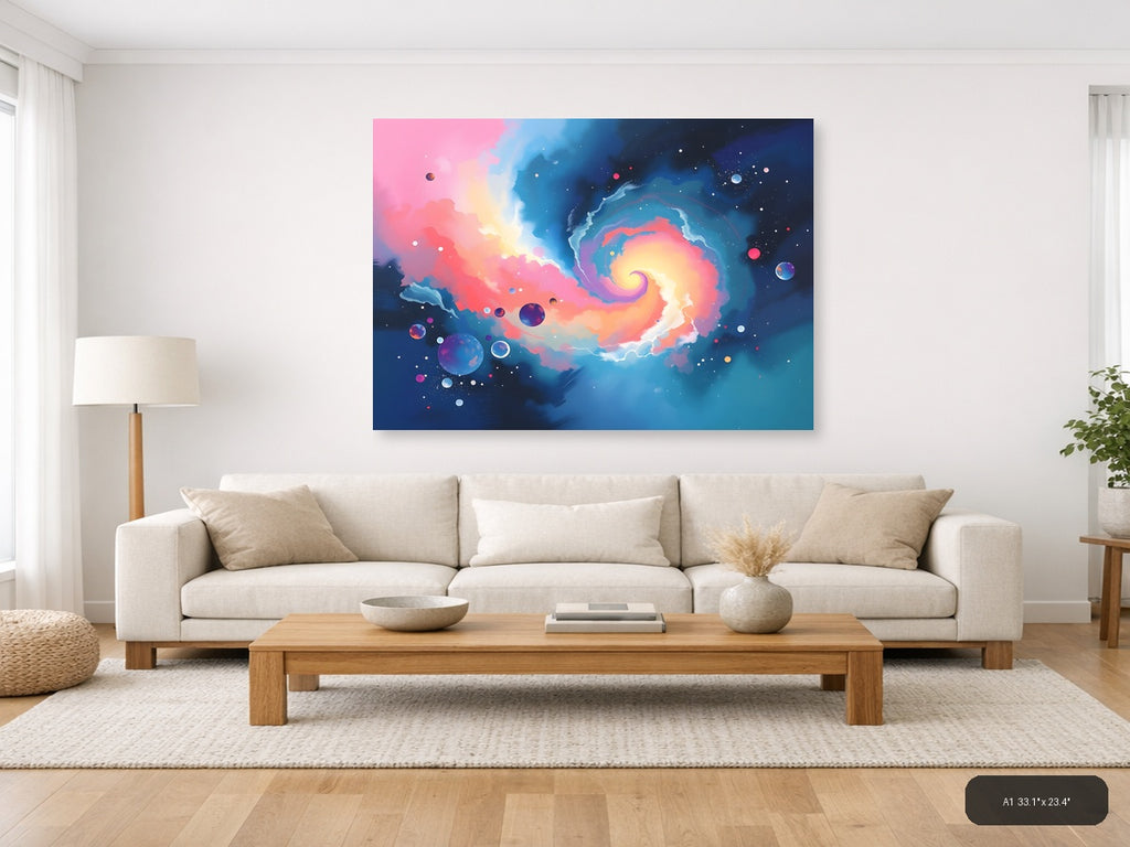 Cosmic Spiral Galaxy Abstract Pink Blue Wall Art — A1 / Living Room