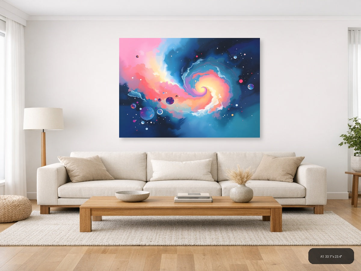 Cosmic Spiral Galaxy Abstract Pink Blue Wall Art — A1 / Living Room