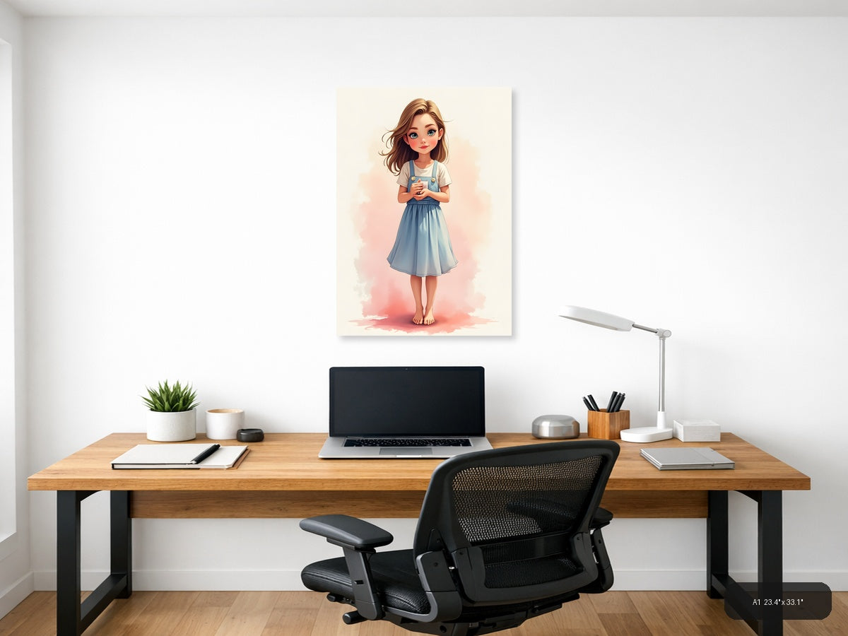 Young Girl in Blue Overalls Watercolor Portrait Wall Art — A1 / Office