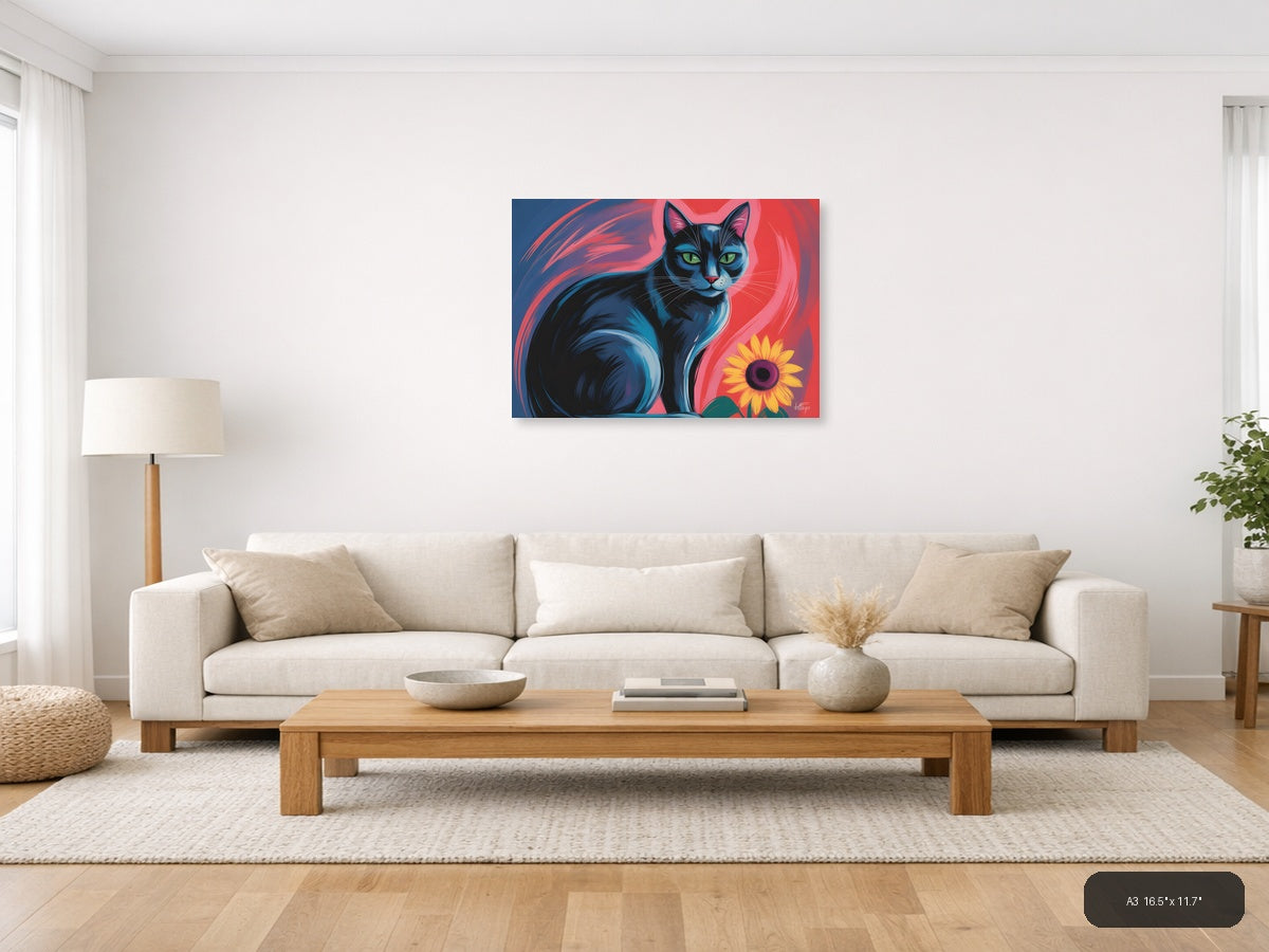 Blue Cat with Sunflower Abstract Pop Art Wall Art — A3 / Living Room