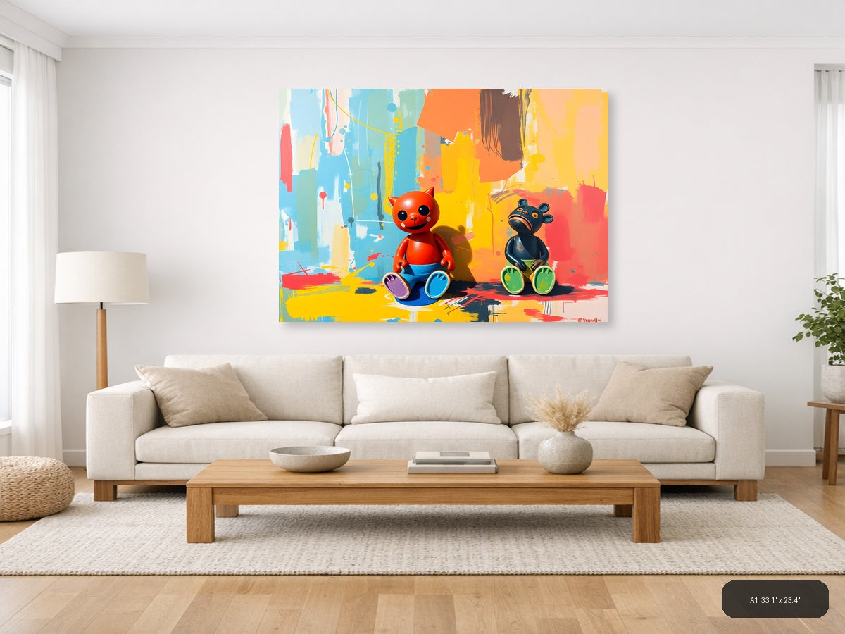 Colorful Cat & Bear Abstract Canvas Wall Art — A1 / Living Room