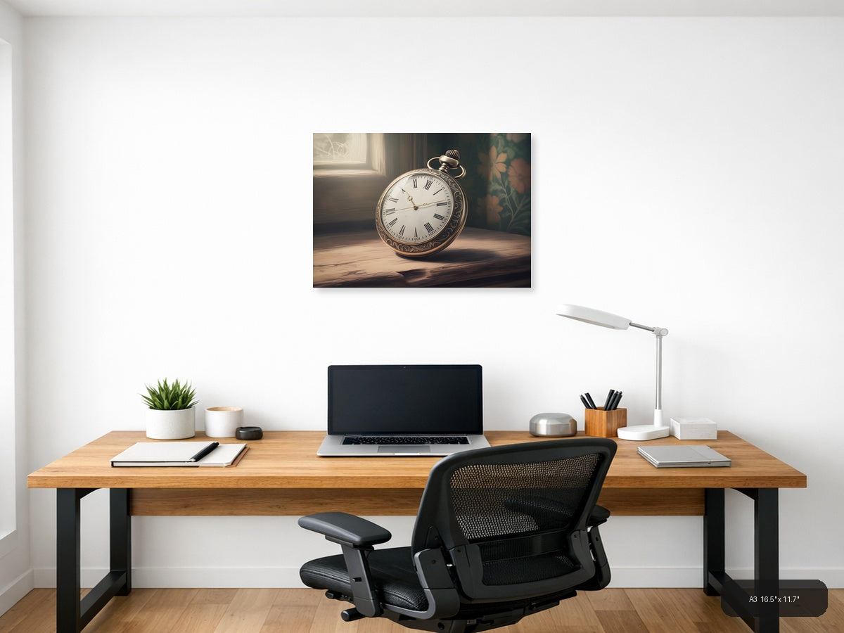 Vintage Pocket Watch with Roman Numerals Wall Art — A3 / Office