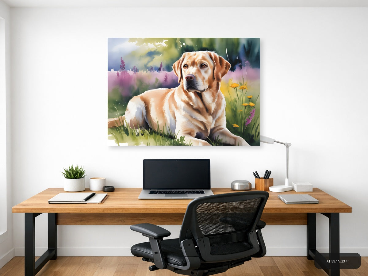 Golden Labrador in Wildflower Meadow Watercolor Wall Art — A1 / Office