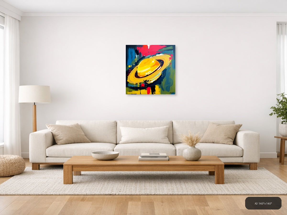 Abstract Yellow Planet with Rings - Modern Space Wall Art — A3 / Living Room