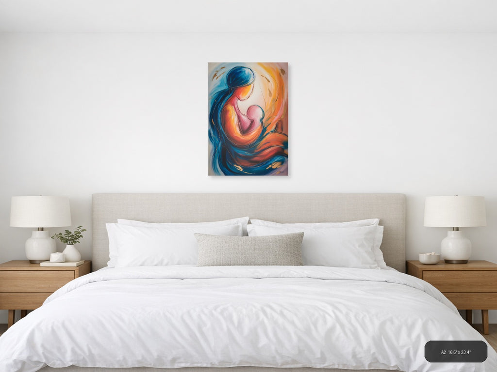 Abstract Mother and Child Embrace Blue Orange Wall Art — A2 / Bedroom