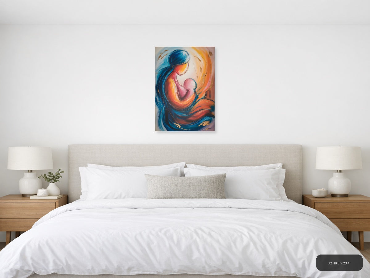 Abstract Mother and Child Embrace Blue Orange Wall Art — A2 / Bedroom