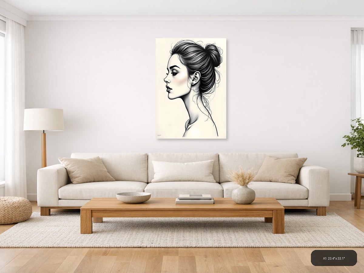 Profile Portrait Line Art Woman with Bun Hairstyle Wall Art — A1 / Living Room