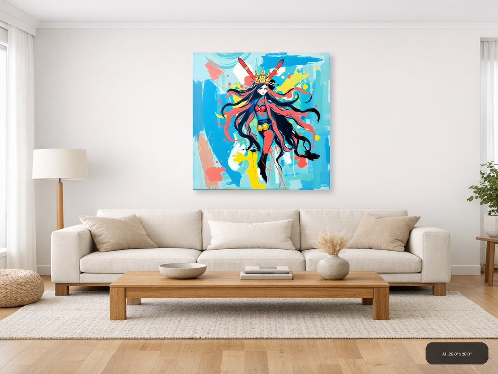 Vibrant Abstract Warrior Queen with Crown Wall Art — A1 / Living Room