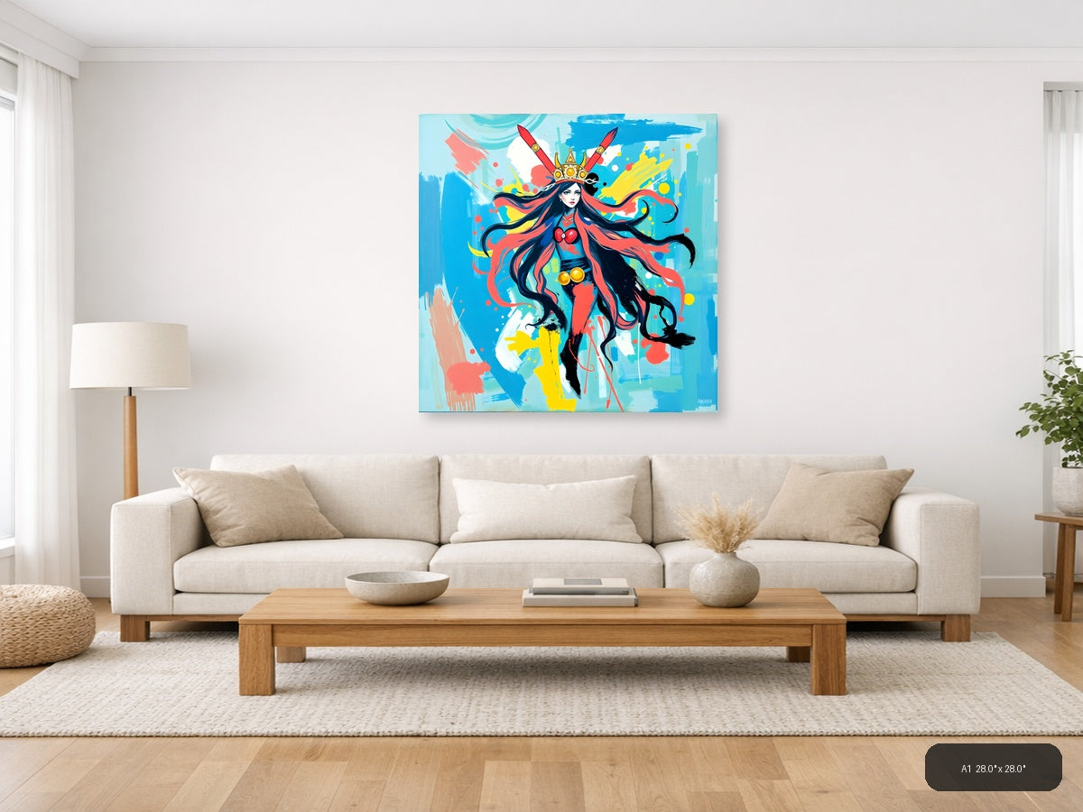 Vibrant Abstract Warrior Queen with Crown Wall Art — A1 / Living Room
