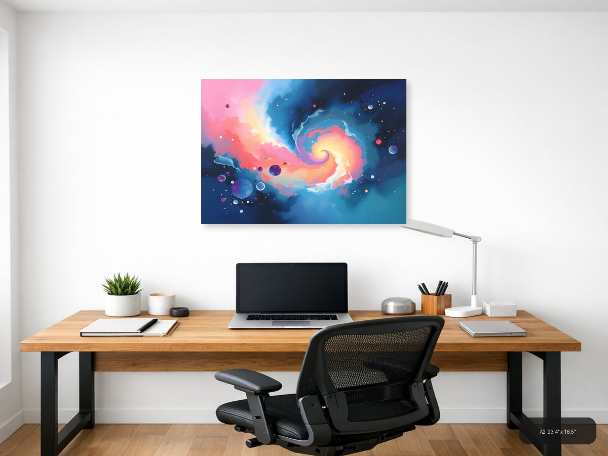 Cosmic Spiral Galaxy Abstract Pink Blue Wall Art — A2 / Office