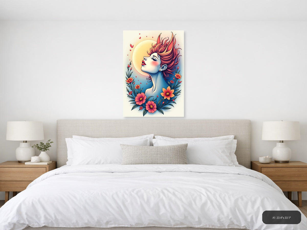 Colorful Woman Portrait with Flowers Line Art Wall Art — A1 / Bedroom