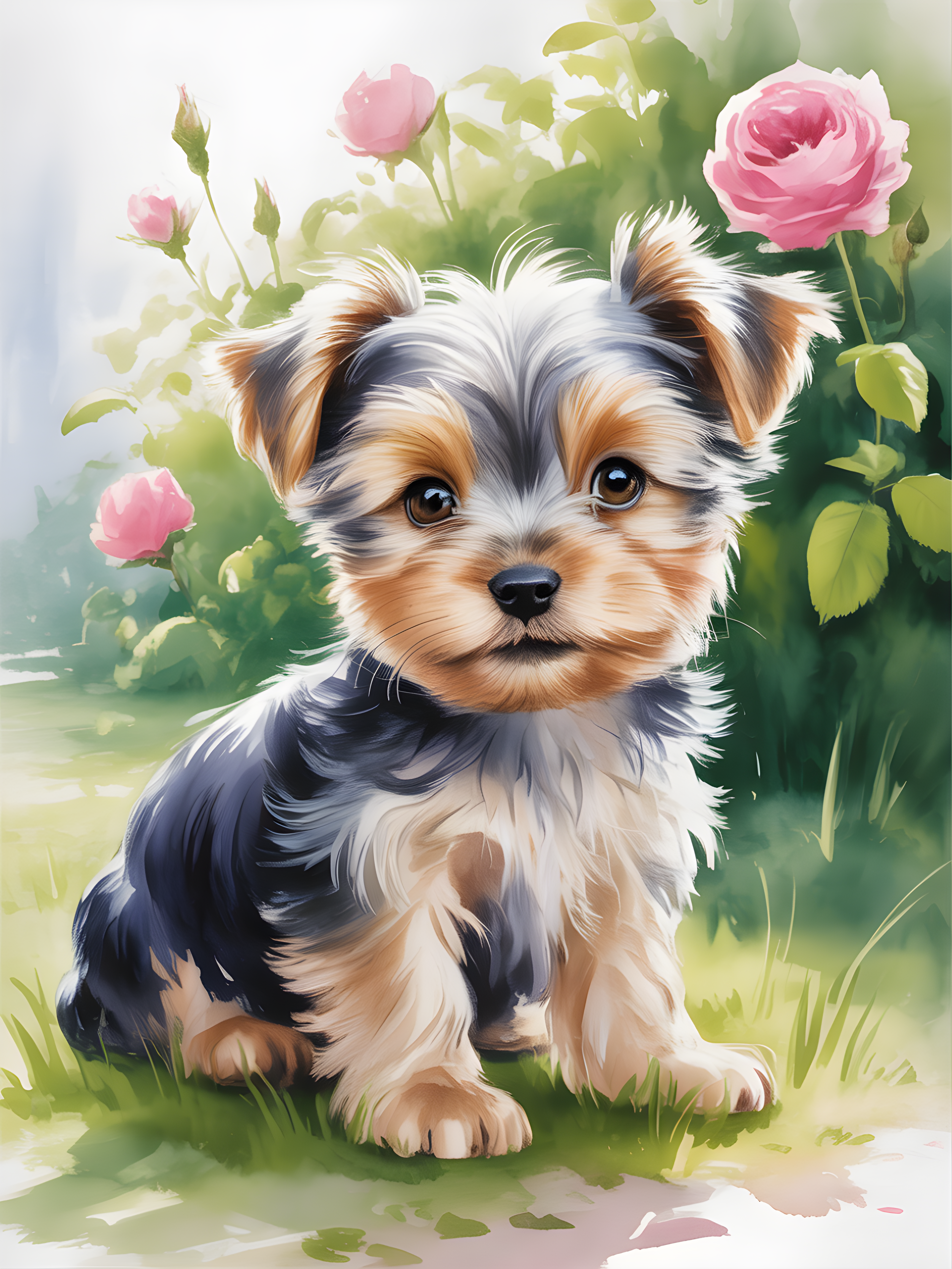 Adorable Puppy with Pink Roses Watercolor Wall Art