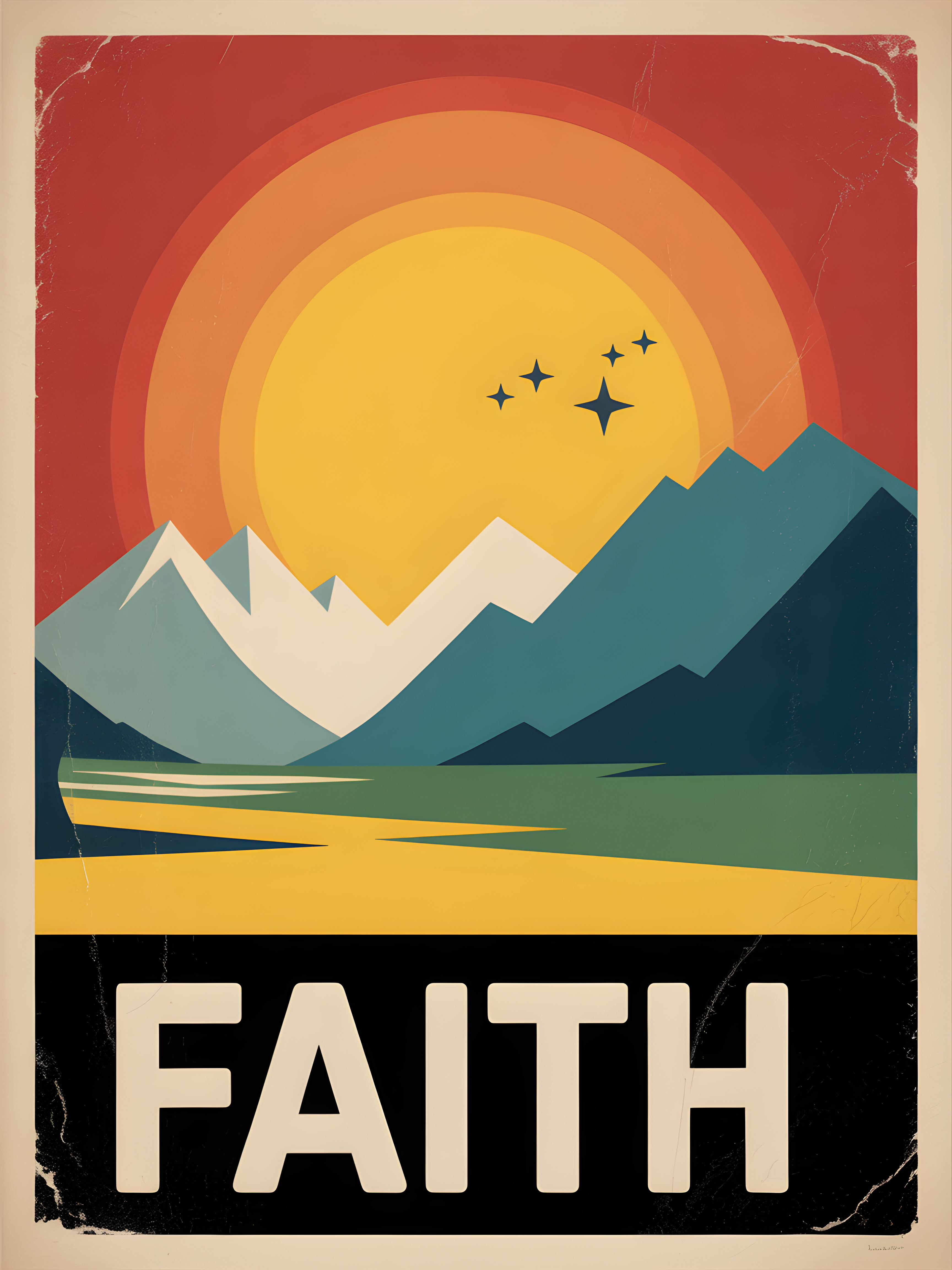 Vintage Faith Mountain Sunset Wall Art Print