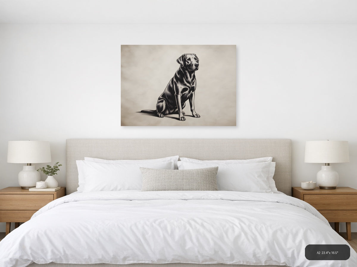 Sitting Labrador Retriever Line Art Black & White Wall Art — A2 / Bedroom