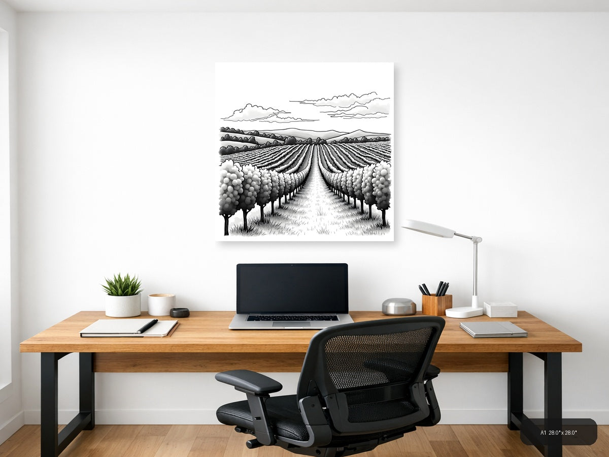 Vineyard Rows Line Art Landscape Wall Art — A1 / Office