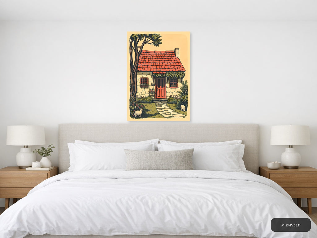Vintage Cottage with Red Roof and Tree Wall Art — A1 / Bedroom
