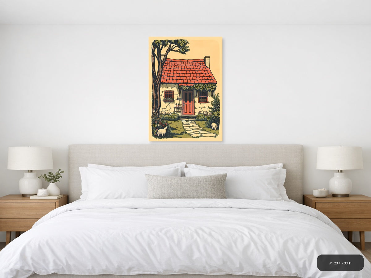 Vintage Cottage with Red Roof and Tree Wall Art — A1 / Bedroom