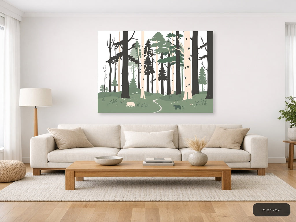Minimalist Forest Path with Wildlife Wall Art — A1 / Living Room
