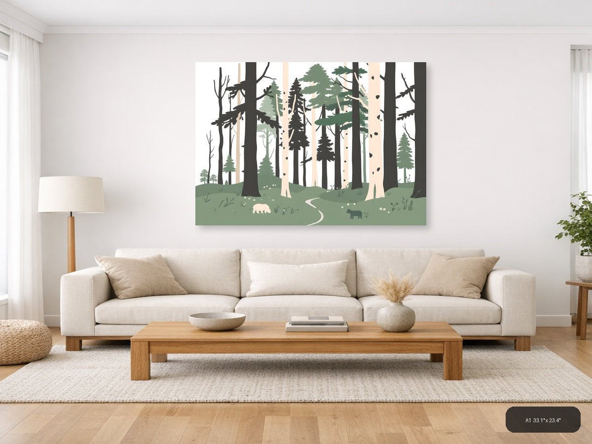 Minimalist Forest Path with Wildlife Wall Art — A1 / Living Room