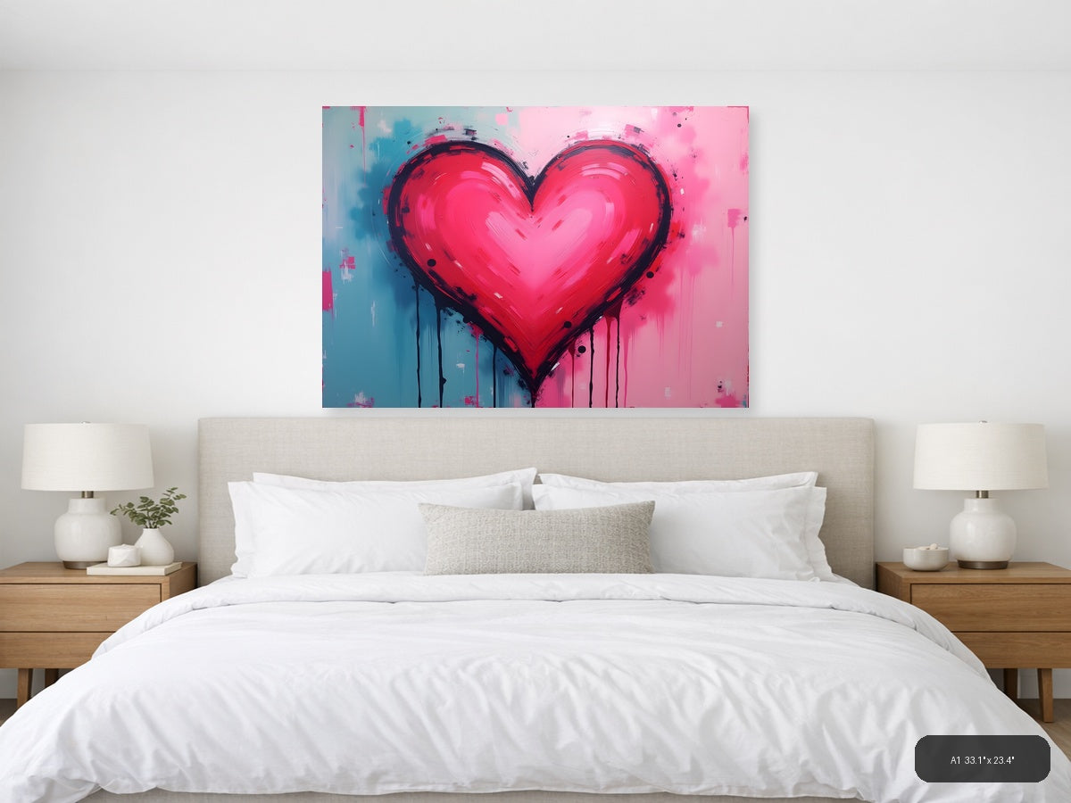 Bold Pink Heart Abstract Drip Modern Wall Art — A1 / Bedroom