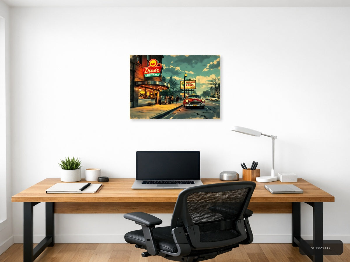 Vintage Diner Street Scene Retro Americana Wall Art — A3 / Office