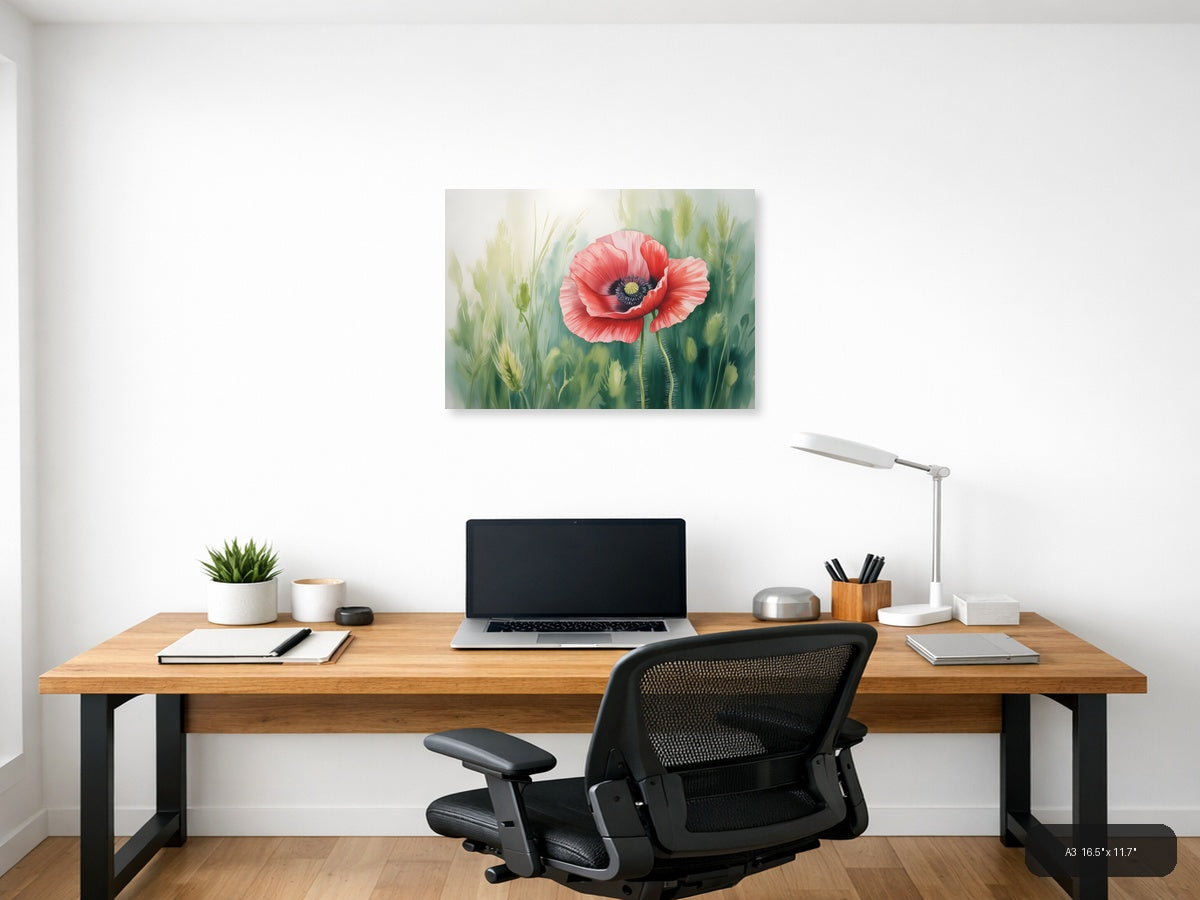 Red Poppy Watercolor Flower with Wheat Field Wall Art — A3 / Office