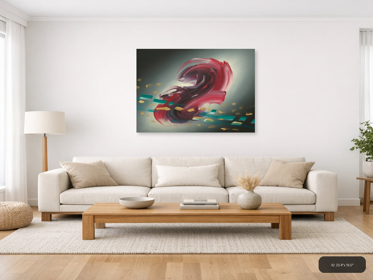 Red Abstract Swirl with Gold Accents Modern Wall Art — A2 / Living Room