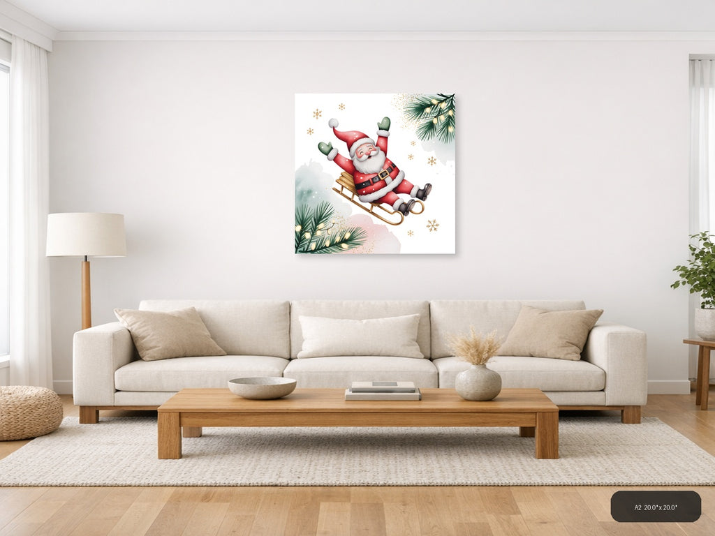 Jolly Santa on Sleigh Watercolor Wall Art — A2 / Living Room