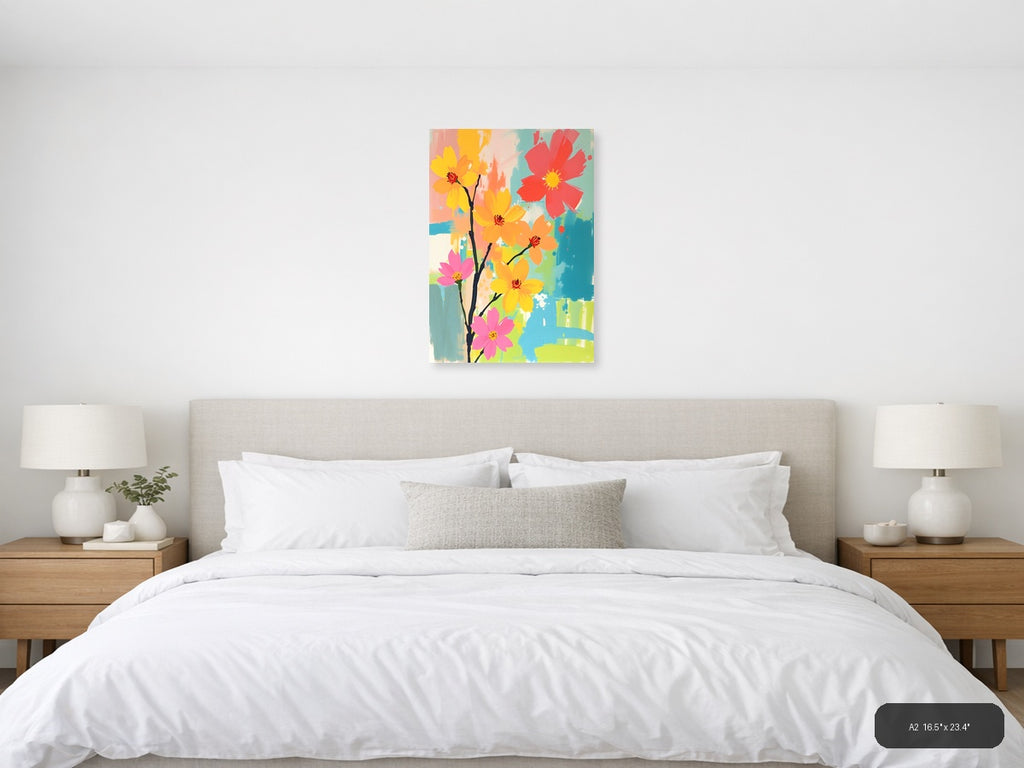 Colorful Abstract Flowers on Branch Portrait Wall Art — A2 / Bedroom