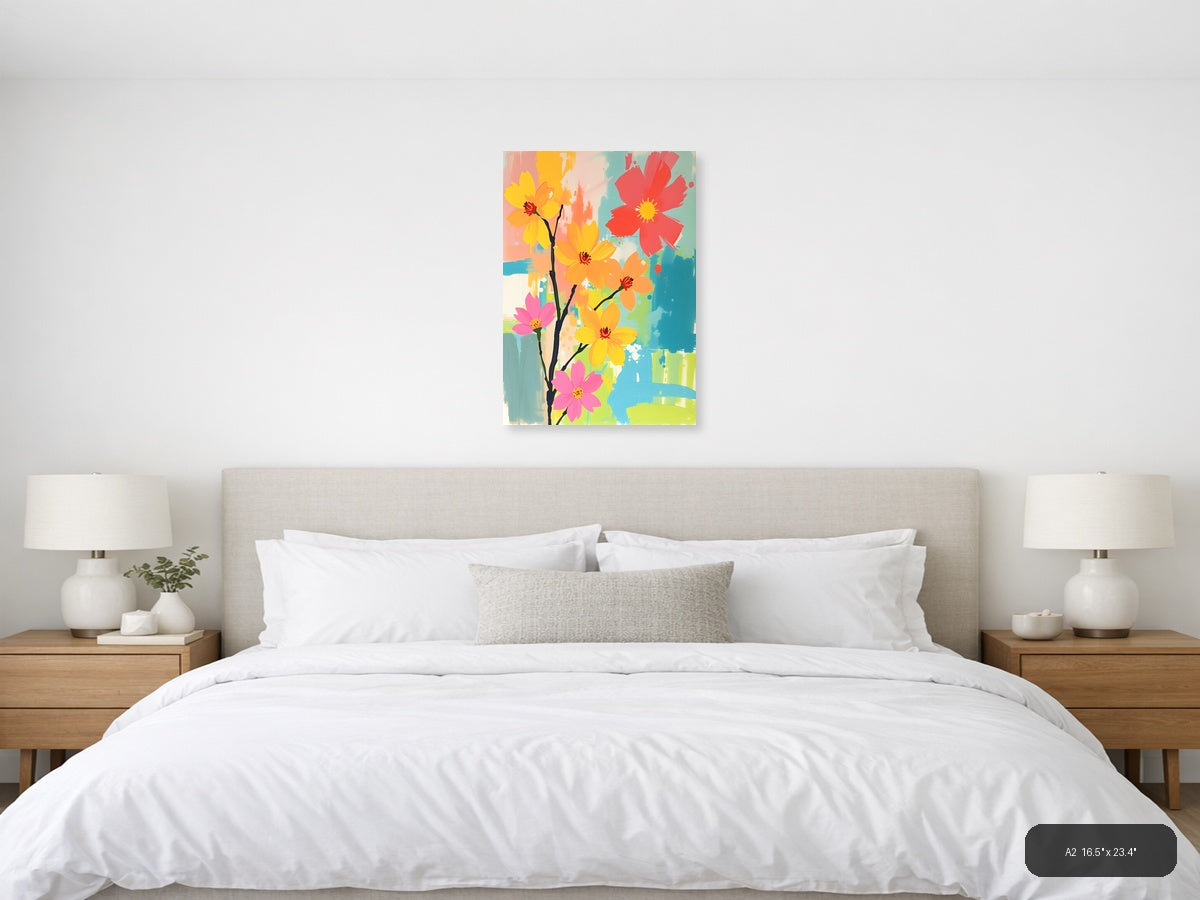 Colorful Abstract Flowers on Branch Portrait Wall Art — A2 / Bedroom