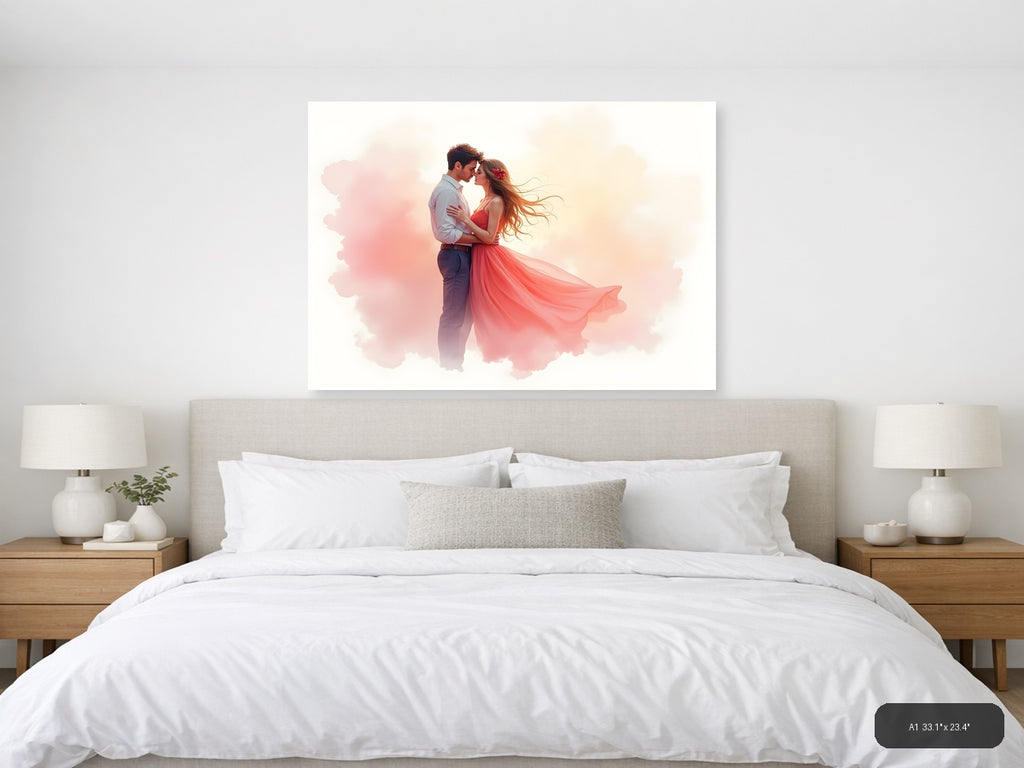 Romantic Couple Watercolor Illustration Wall Art — A1 / Bedroom