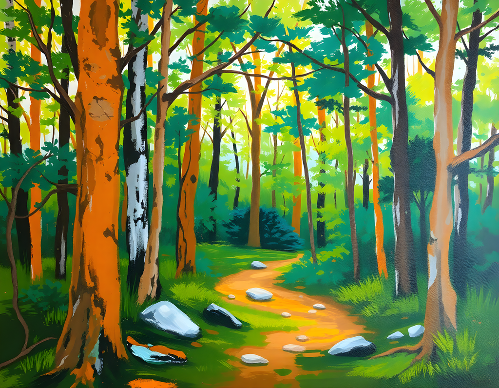 Forest Path Abstract - Vibrant Trees & Stones Wall Art