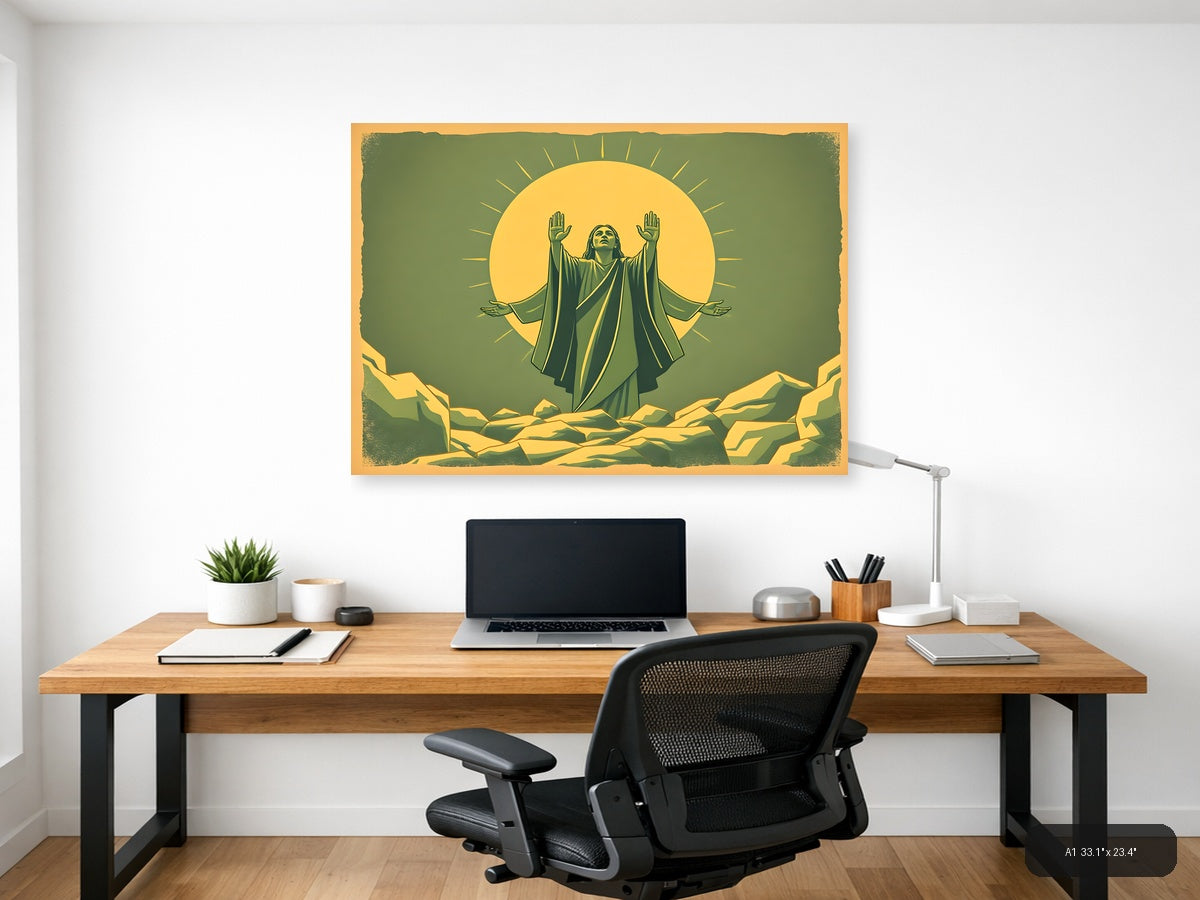 Vintage Spiritual Figure with Radiating Sun Halo Wall Art — A1 / Office
