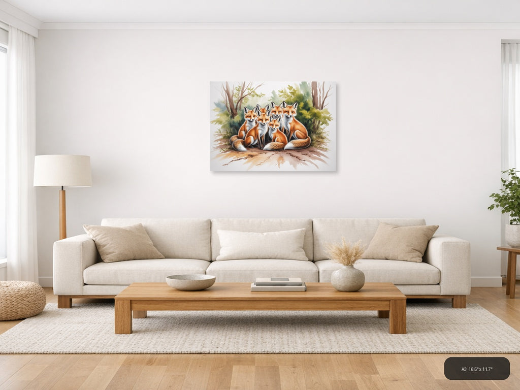 Fox Family Forest Watercolor Landscape Wall Art — A3 / Living Room