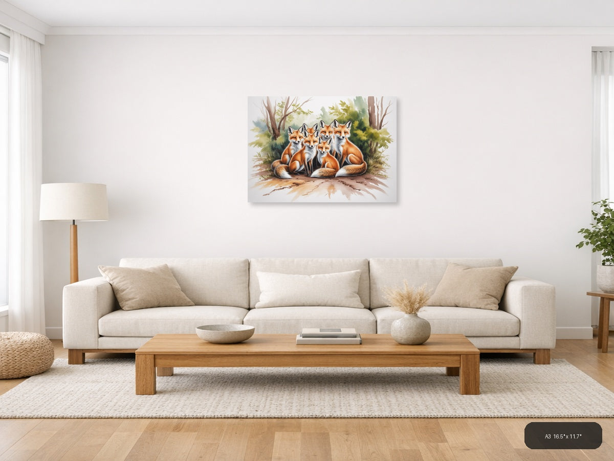 Fox Family Forest Watercolor Landscape Wall Art — A3 / Living Room