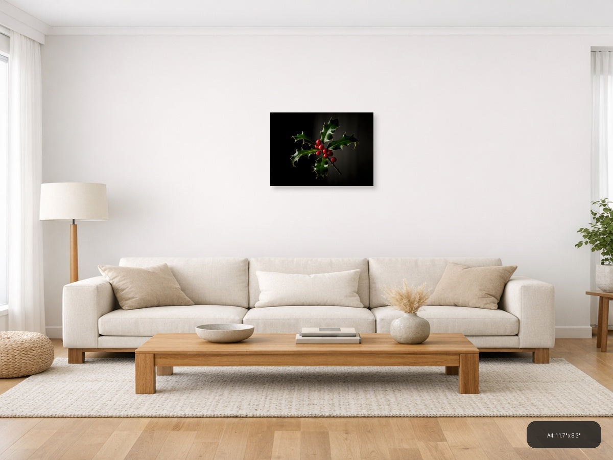 Holly Branch with Red Berries Photography Wall Art — A4 / Living Room