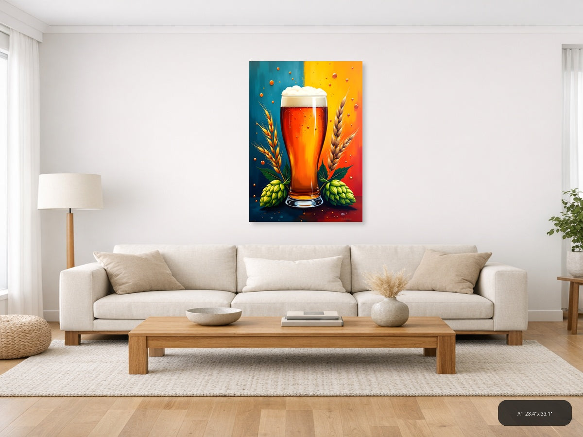 Beer Glass with Hops and Wheat Abstract Wall Art — A1 / Living Room
