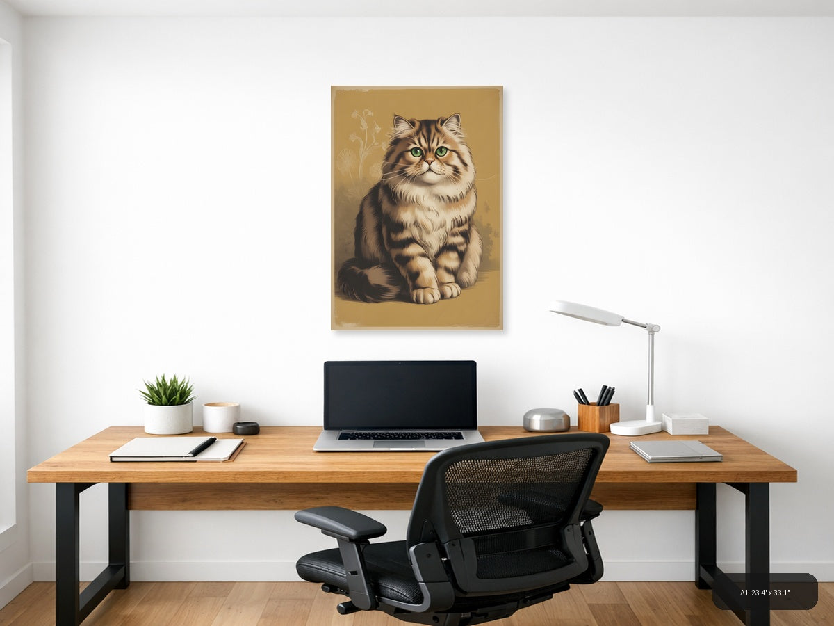 Vintage Tabby Cat with Green Eyes Portrait Wall Art — A1 / Office