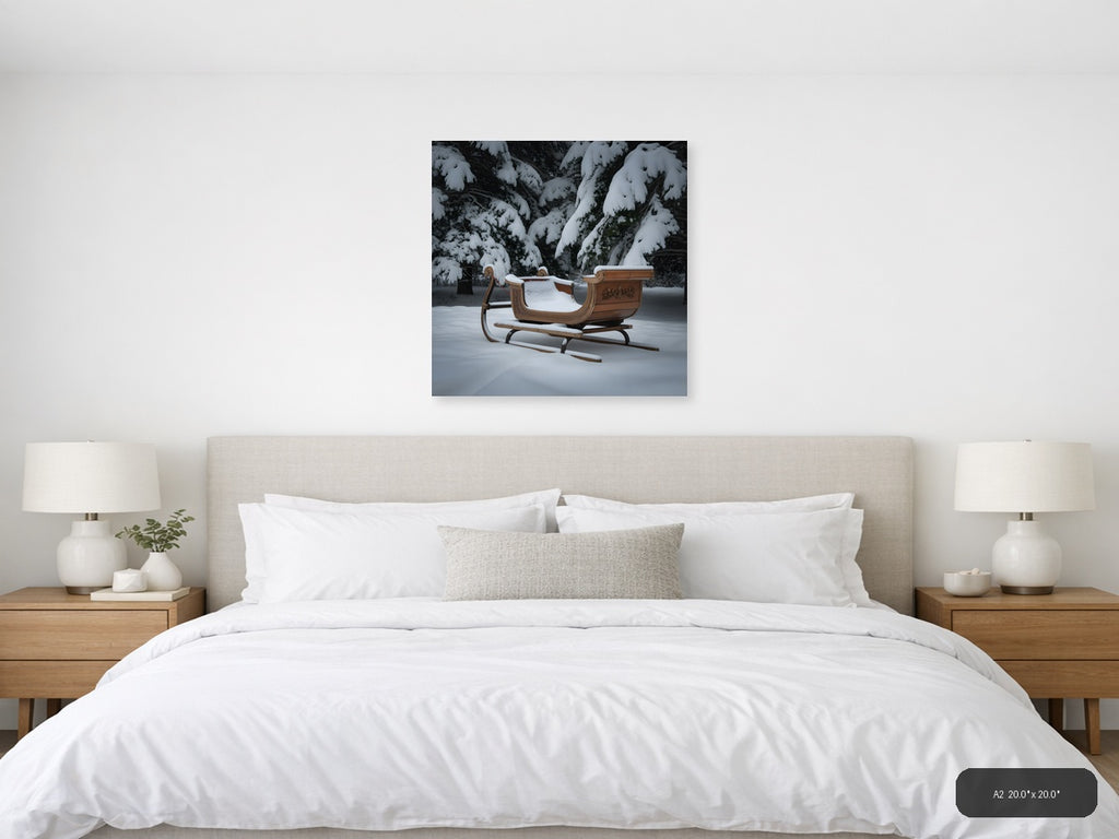 Ornate Wooden Sleigh in Winter Forest Snow Photography — A2 / Bedroom