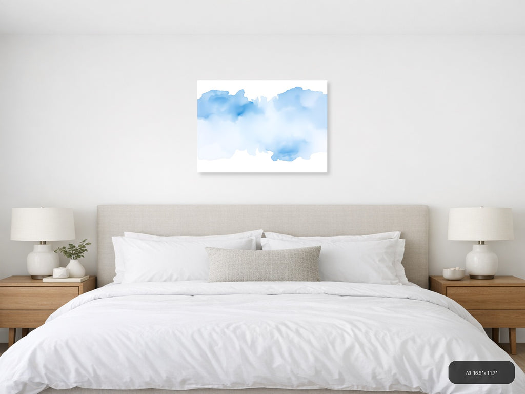 Abstract Blue Watercolor Clouds Landscape Wall Art — A3 / Bedroom
