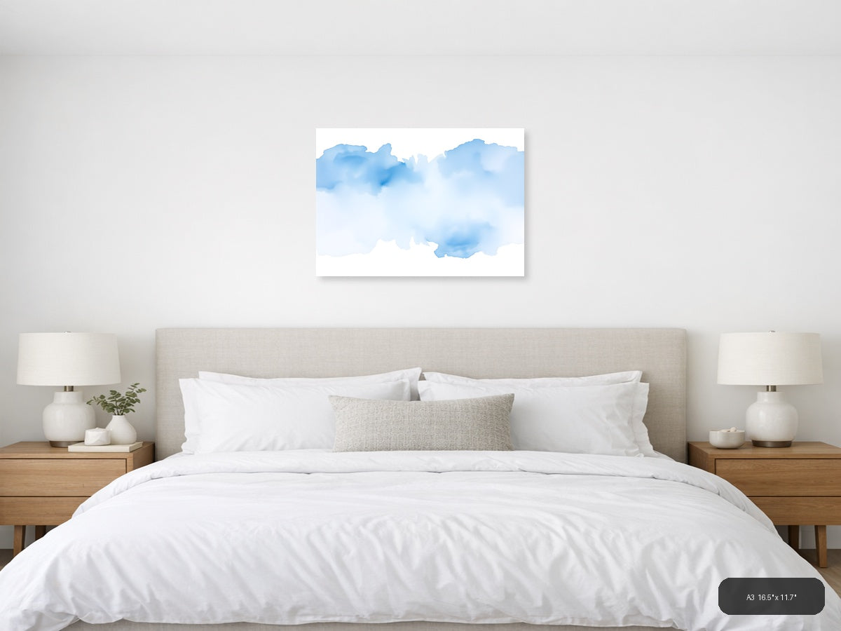 Abstract Blue Watercolor Clouds Landscape Wall Art — A3 / Bedroom
