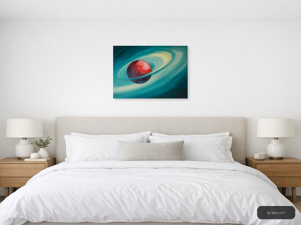 Red Planet with Rings Abstract Landscape Wall Art — A3 / Bedroom