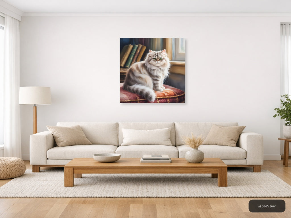 Fluffy White Cat by Books Watercolor Wall Art — A2 / Living Room